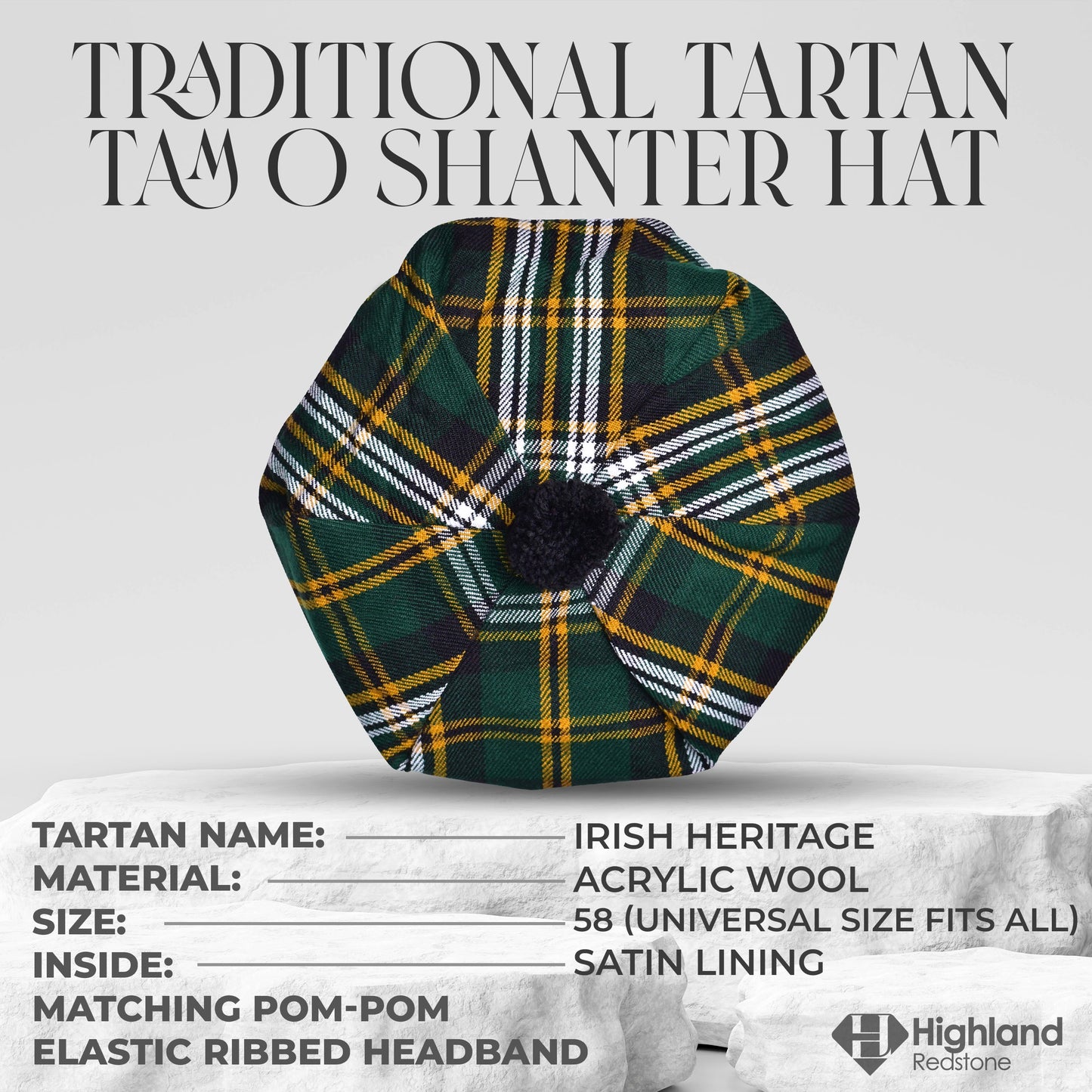Tam O'Shanter Hat with Pompom in Irish Heritage Tartan