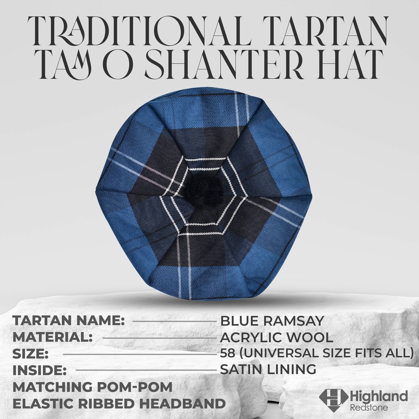 Tam O'Shanter Hat with Pompom | Blue Ramsay Tartan