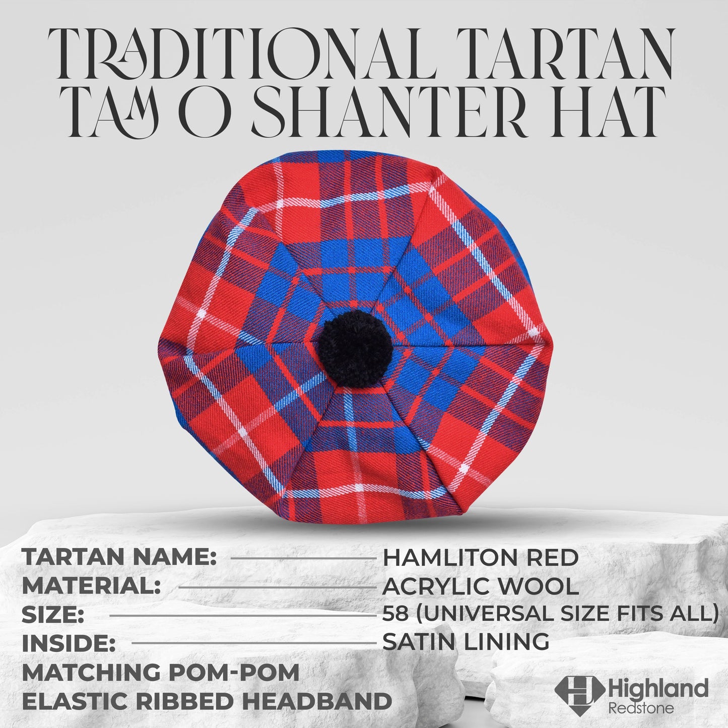 Tam O'Shanter Hat with Pompom in Hamilton Red Tartan
