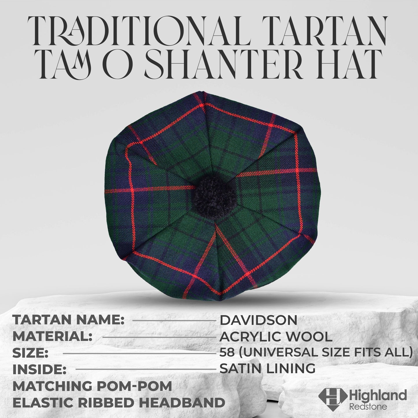 Tam O'Shanter Hat with Pompom in Davidson Tartan