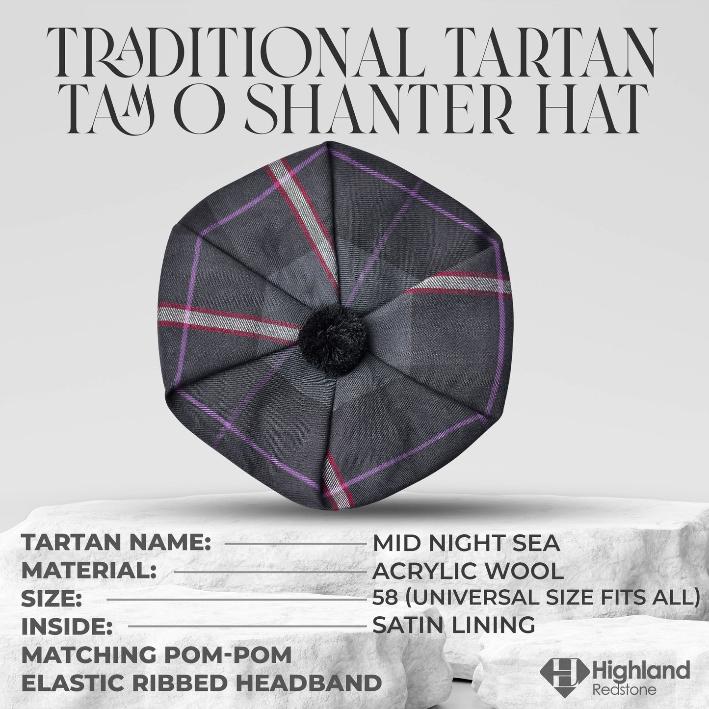 Tam O'Shanter Hat with Pompom | Mid Night Sea Tartan