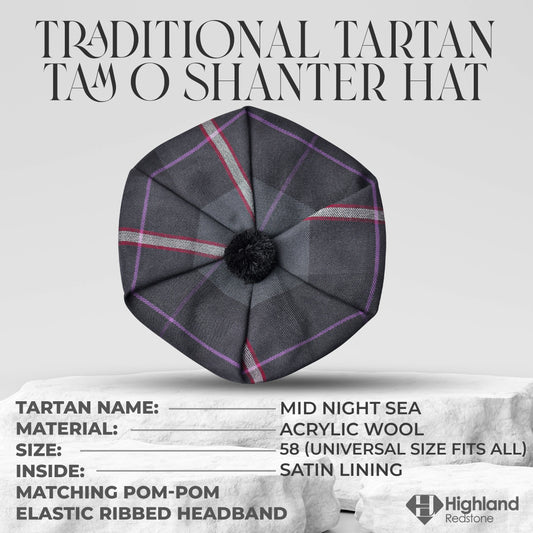 Tam O'Shanter Hat with Pompom | Mid Night Sea Tartan