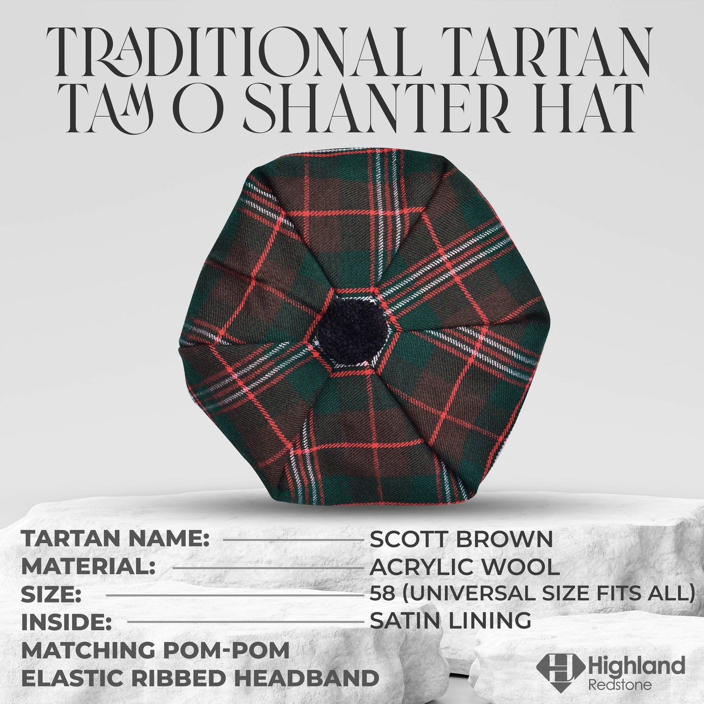 Scott Brown Tam O'Shanter hat with pompom, traditional Scottish cap