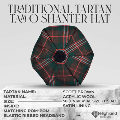 Scott Brown Tam O'Shanter hat with pompom, traditional Scottish cap