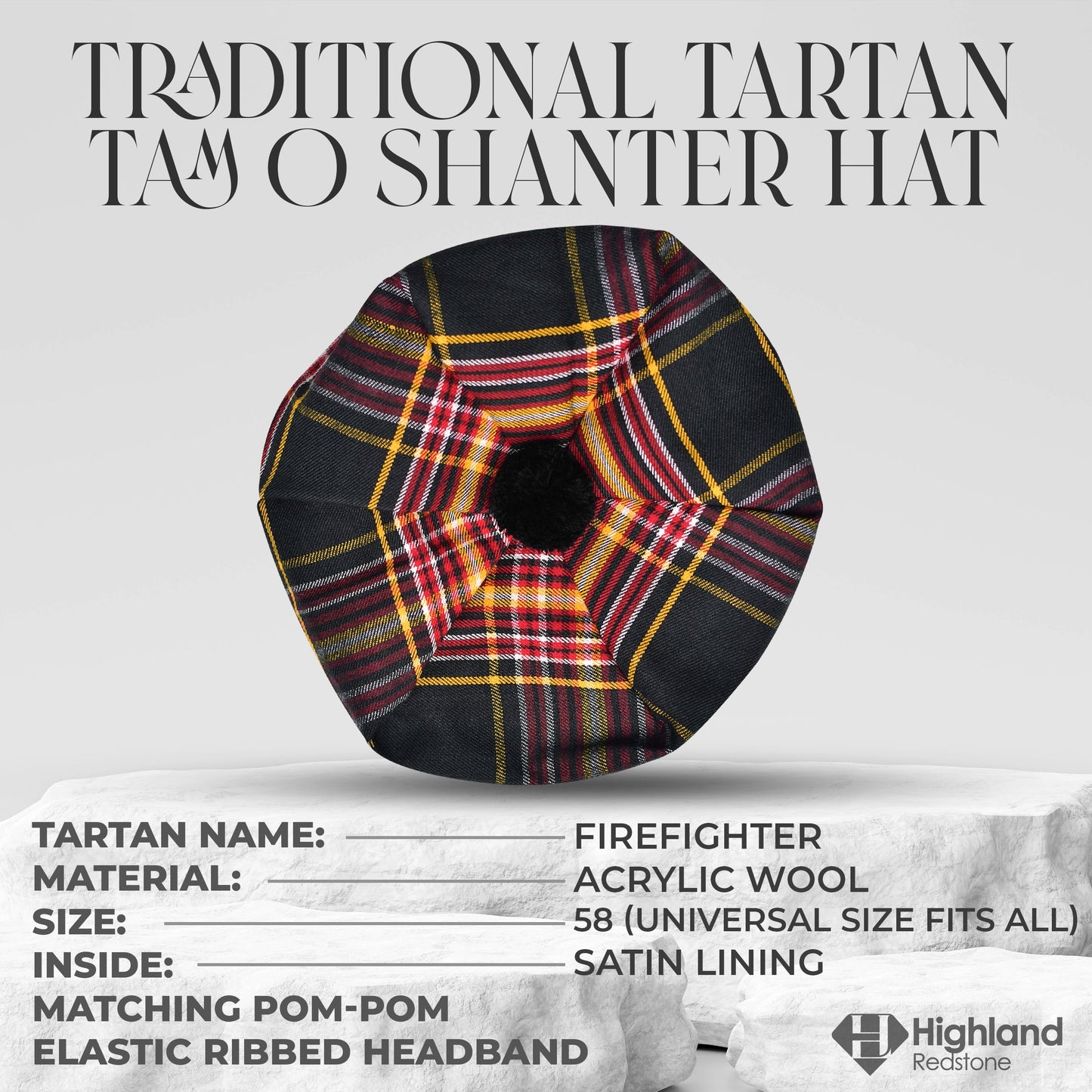 Tam O'Shanter Hat with Pompom | Firefighter Tartan