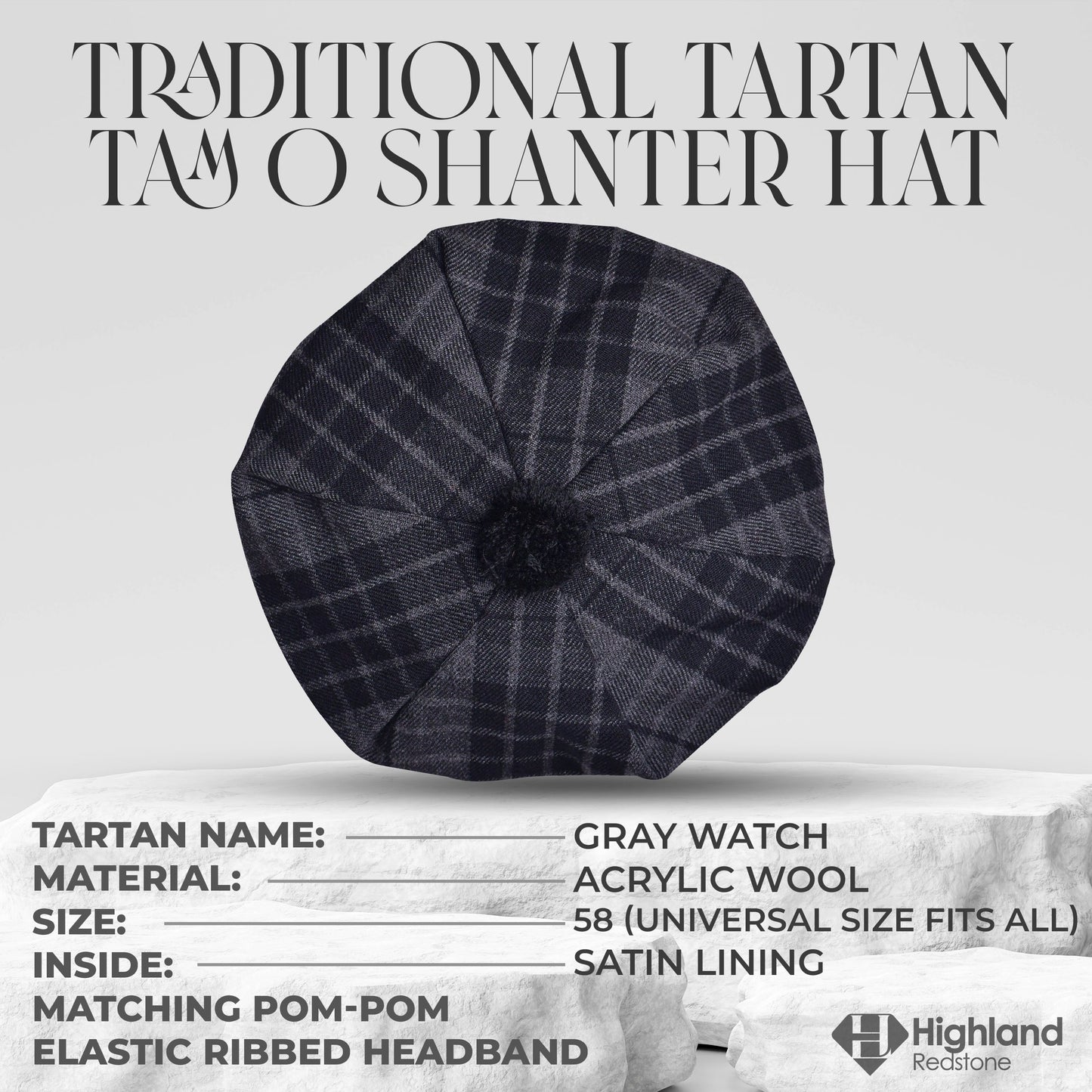 Tam O'Shanter Hat with Pompom in Gray Watch Tartan