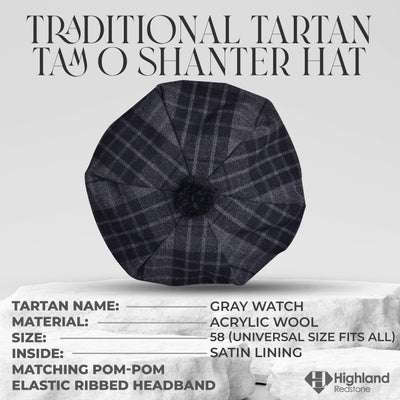 Tam O'Shanter Hat with Pompom in Gray Watch Tartan
