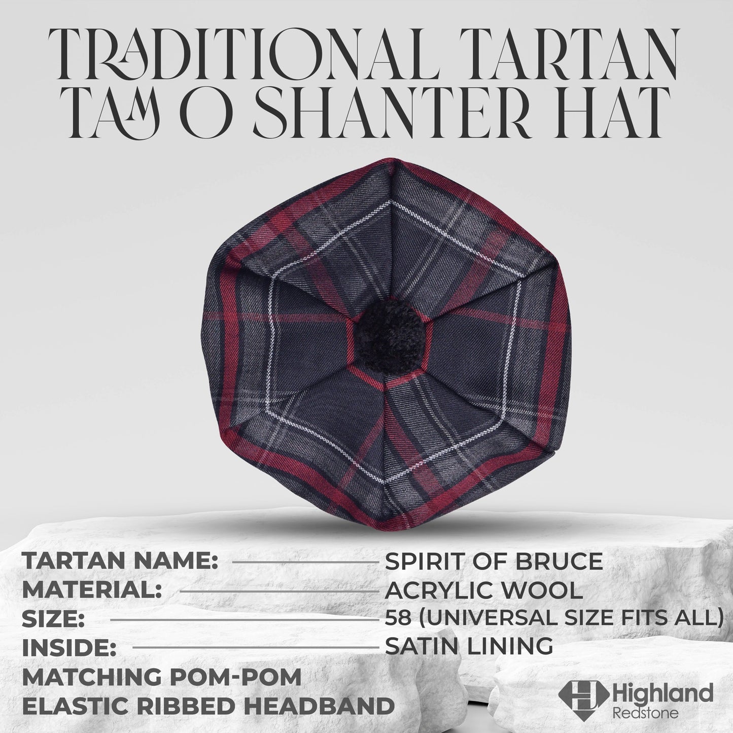 Traditional Tam O'Shanter Hat with Pompom (Spirit of Bruce)