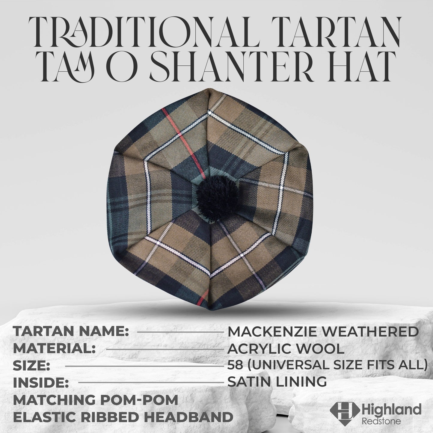 Tam O'Shanter Hat with Pompom | MacKenzie Weathered Tartan