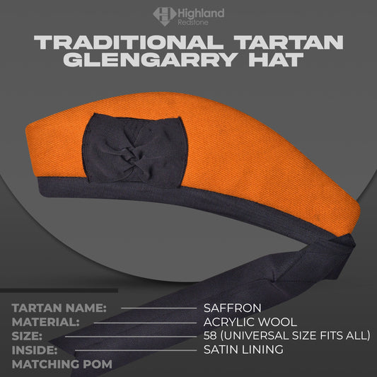 Saffron Glengarry hat with traditional ribbons and vibrant saffron color