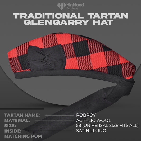 Rob Roy Glengarry hat featuring the iconic red and black Rob Roy tartan pattern