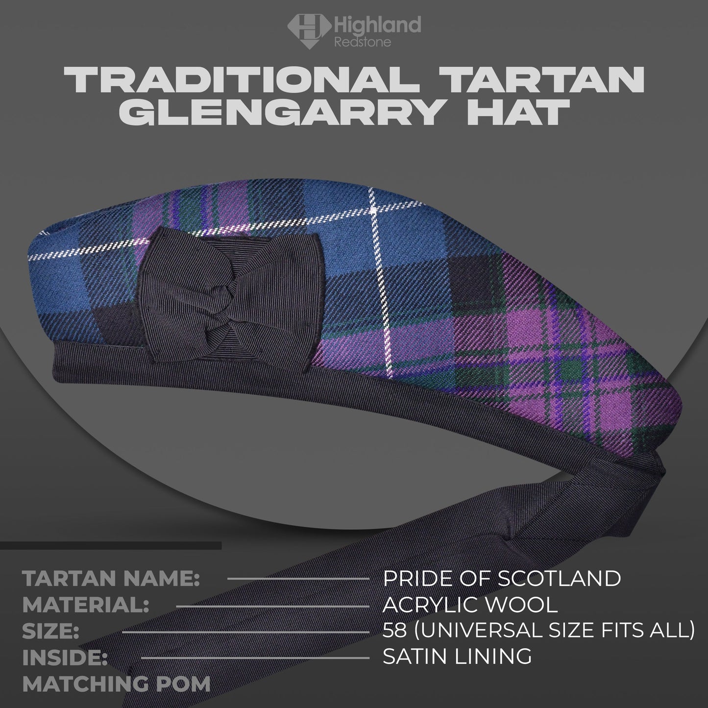 Pride of Scotland Glengarry hat featuring the elegant and vibrant Pride of Scotland tartan pattern