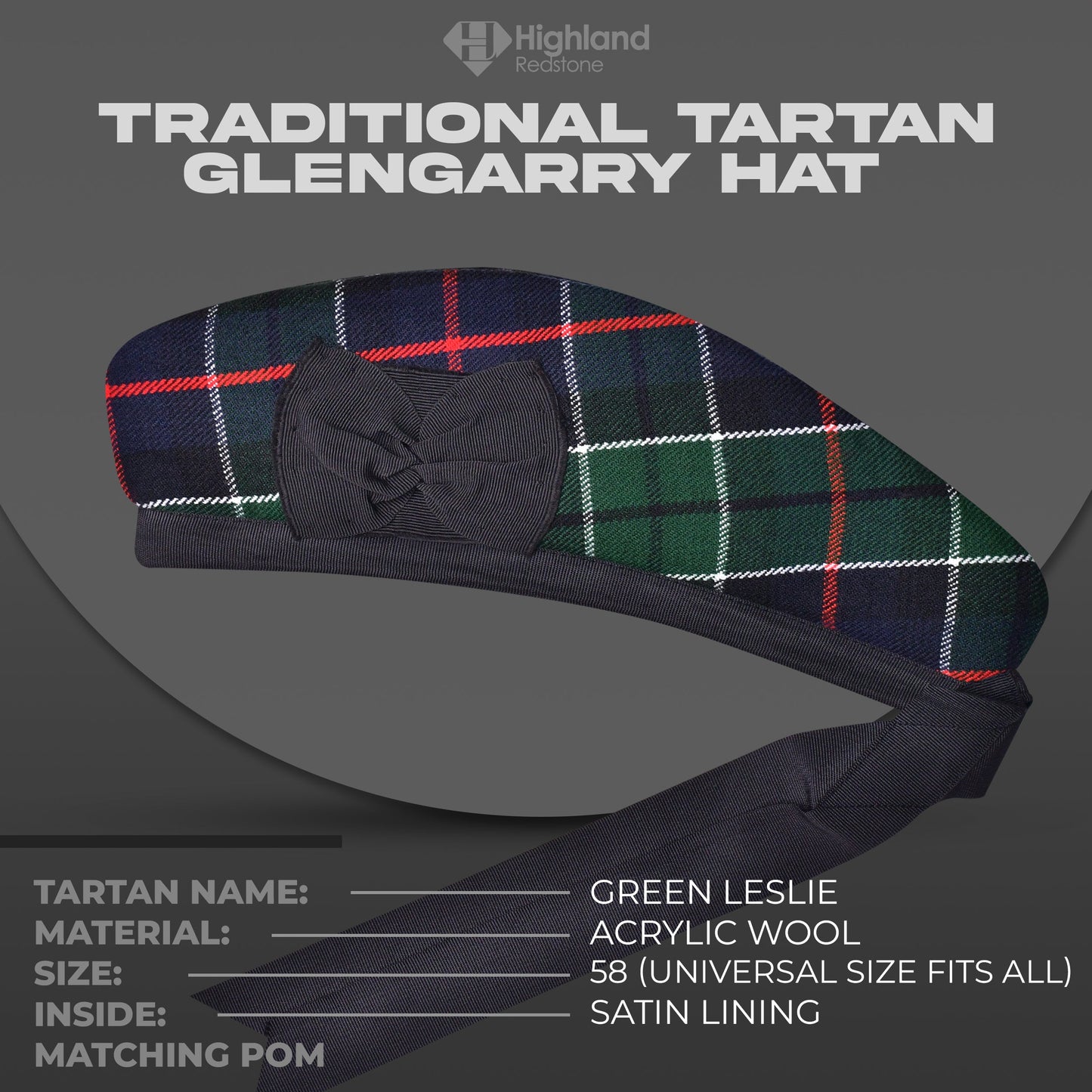 Green Leslie Glengarry featuring the green and blue tartan pattern of the Leslie Clan, crafted from high-quality materials.