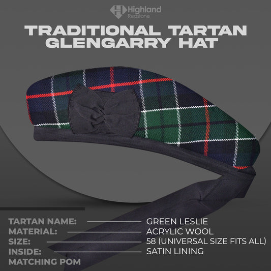 Green Leslie Glengarry featuring the green and blue tartan pattern of the Leslie Clan, crafted from high-quality materials.