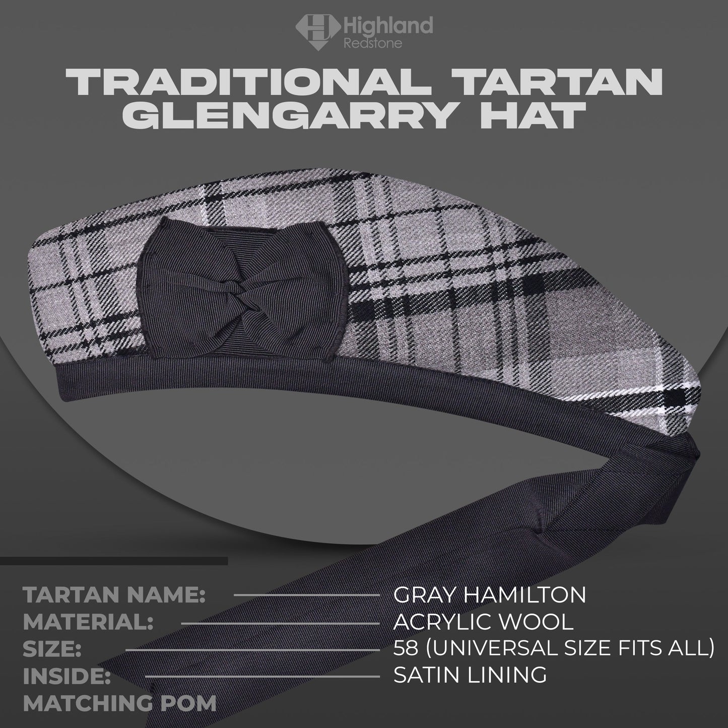 Gray Hamilton Glengarry featuring the gray, black, and white tartan pattern of the Hamilton Clan, crafted from high-quality materials.