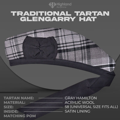 Gray Hamilton Glengarry featuring the gray, black, and white tartan pattern of the Hamilton Clan, crafted from high-quality materials.