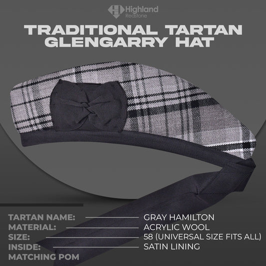 Gray Hamilton Glengarry featuring the gray, black, and white tartan pattern of the Hamilton Clan, crafted from high-quality materials.