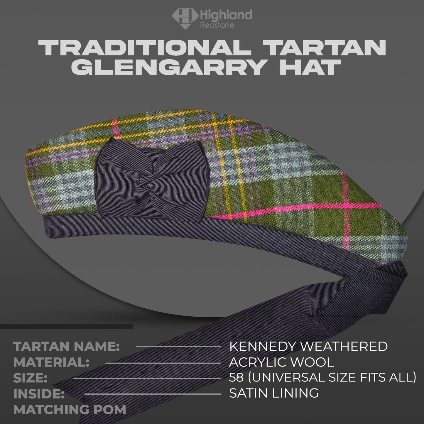Kennedy Weathered Glengarry featuring muted grey, blue, and green tartan pattern, perfect for traditional Scottish wear.