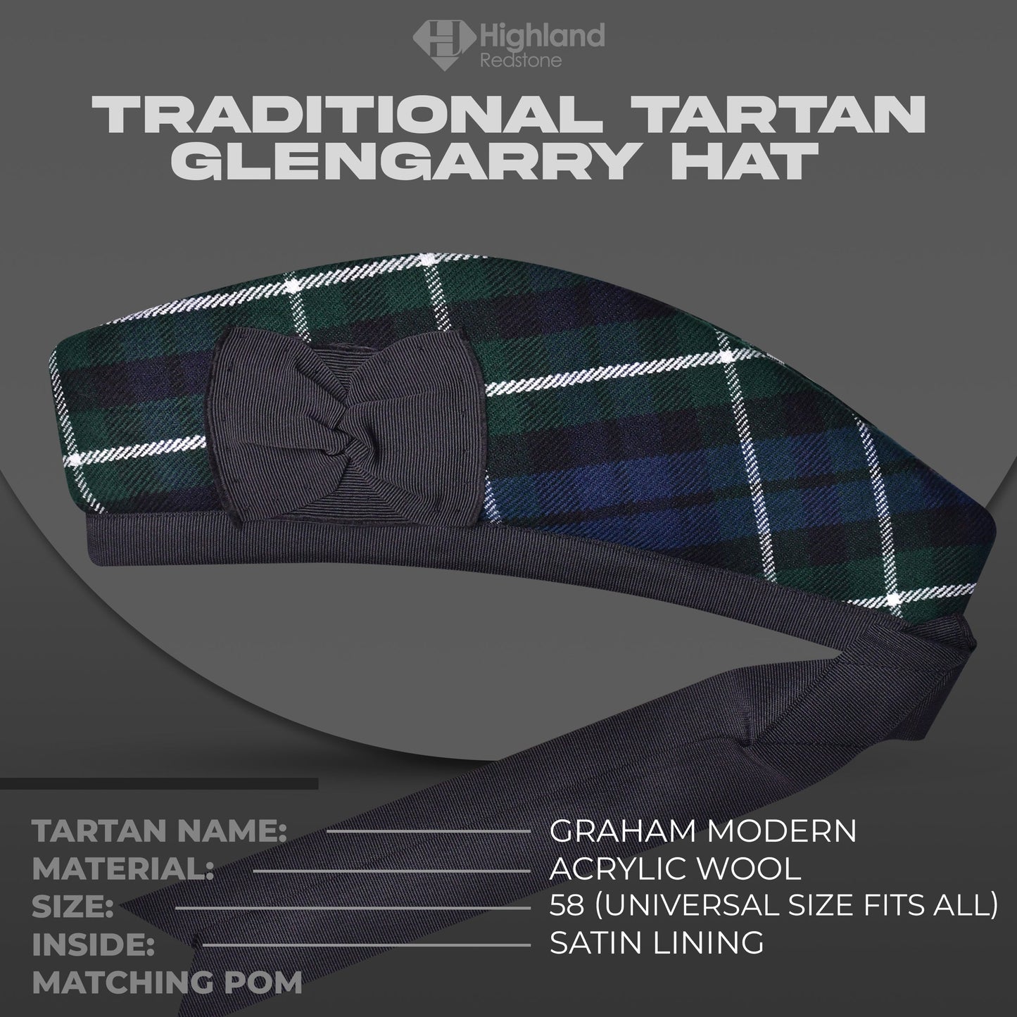Graham Modern Glengarry featuring the blue and green tartan pattern of the Graham Clan, crafted from high-quality fabric.