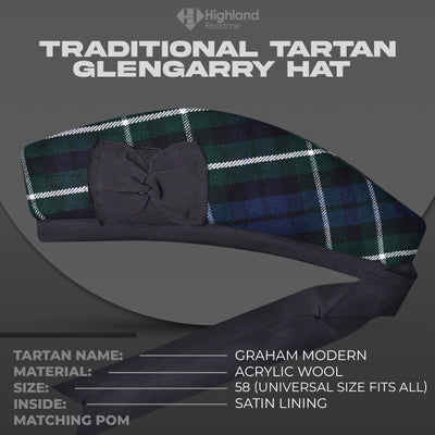 Graham Modern Glengarry featuring the blue and green tartan pattern of the Graham Clan, crafted from high-quality fabric.