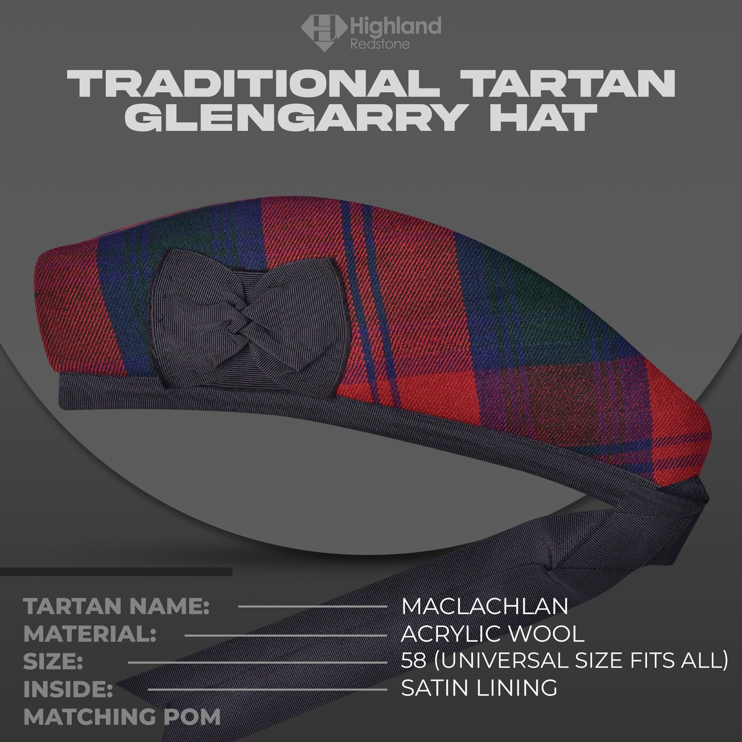Maclachlan Glengarry hat with red, yellow, and black tartan pattern