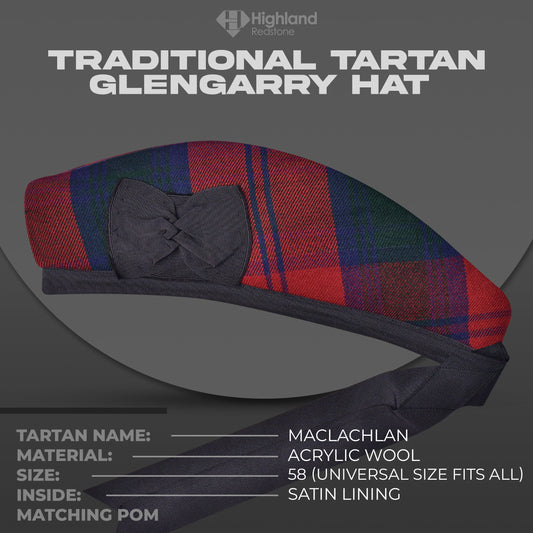 Maclachlan Glengarry hat with red, yellow, and black tartan pattern