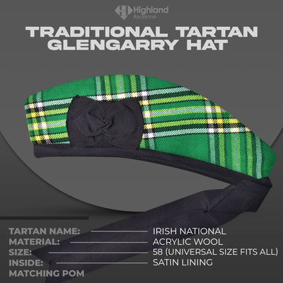 Irish National Glengarry featuring traditional Irish tartan in green, blue, and gold hues.