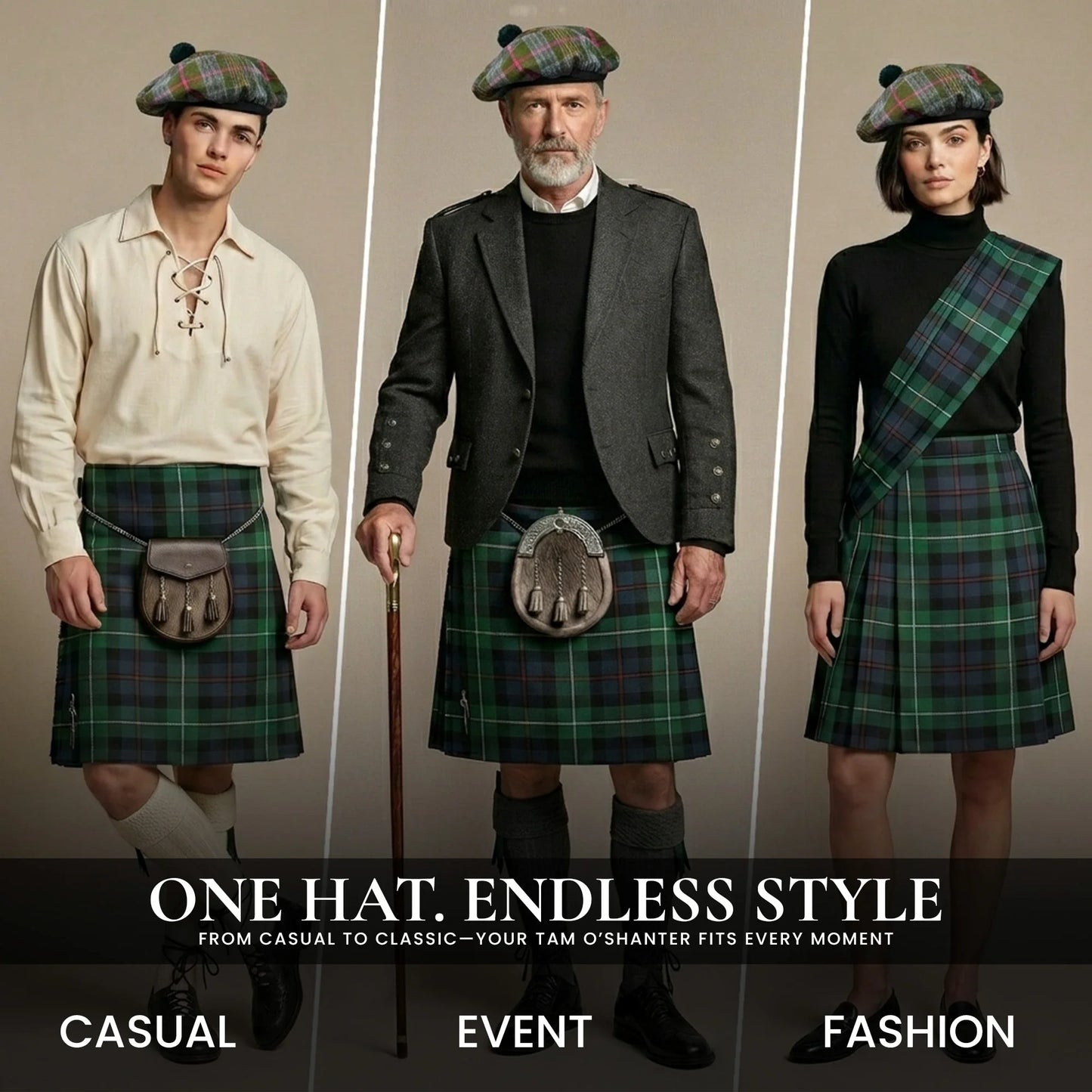 Tam O'Shanter Hat with Pompom | Kennedy Weathered Tartan