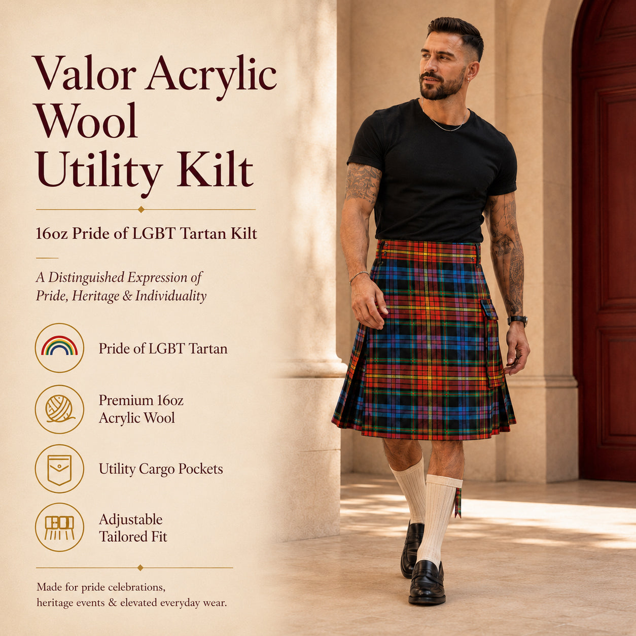 Valor Pride Utility Kilt | 16oz Acrylic Wool LGBT Tartan Kilt