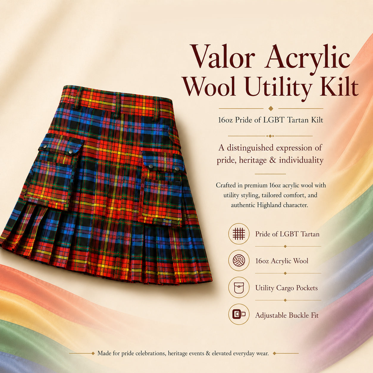 Valor Pride Utility Kilt | 16oz Acrylic Wool LGBT Tartan Kilt