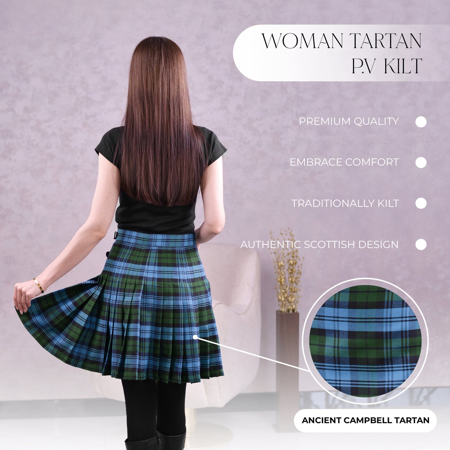Woman Plaid Kilt -  Ancient Campbell Tartan Kilt - Premium Quality & Timeless Style | Big & Tall