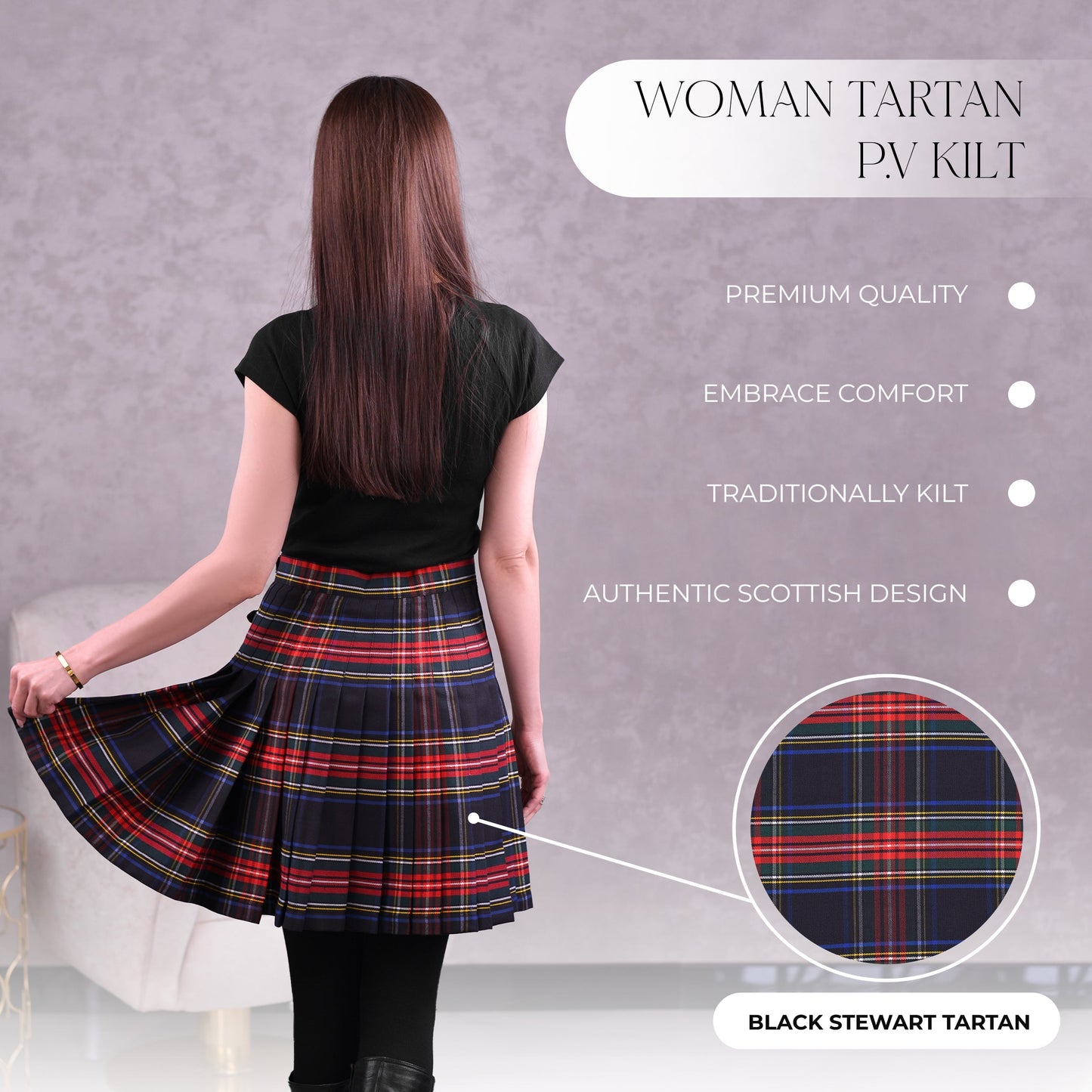 Woman Plaid Kilt - Black Stewart Tartan Kilt - Premium Quality & Timeless Style | Big & Tall
