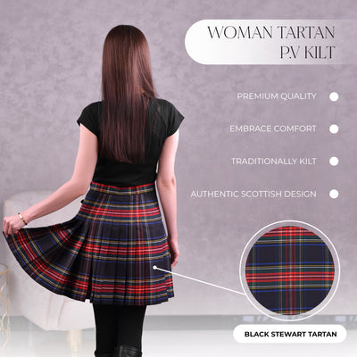 Woman Plaid Kilt - Black Stewart Tartan Kilt - Premium Quality & Timeless Style | Big & Tall