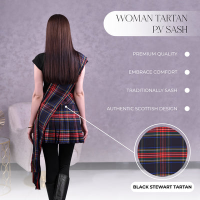 Women's Sash in Black Stewart Tartan