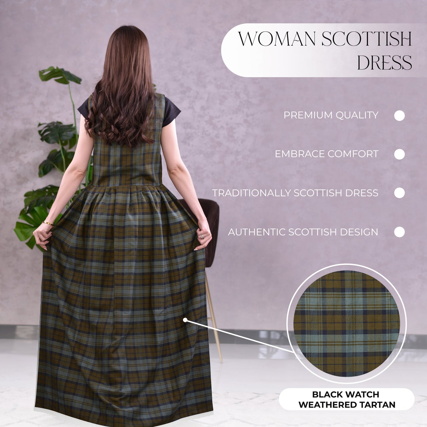 Women's Scottish Highland Dress - Long Tartan Dress | Black Watch Weathered