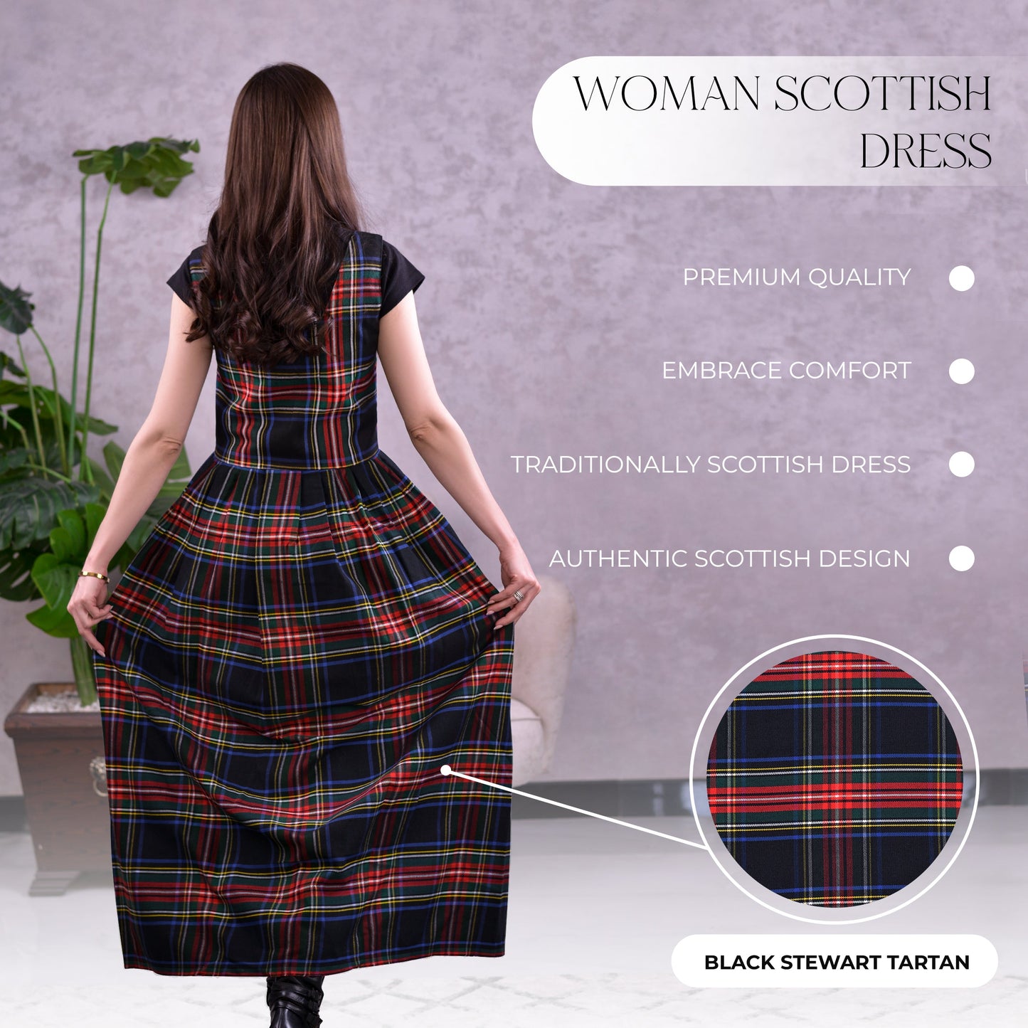 Women's Scottish Highland Dress - Long Tartan Dress | Black Stewart