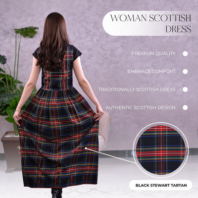 Women's Scottish Highland Dress - Long Tartan Dress | Black Stewart