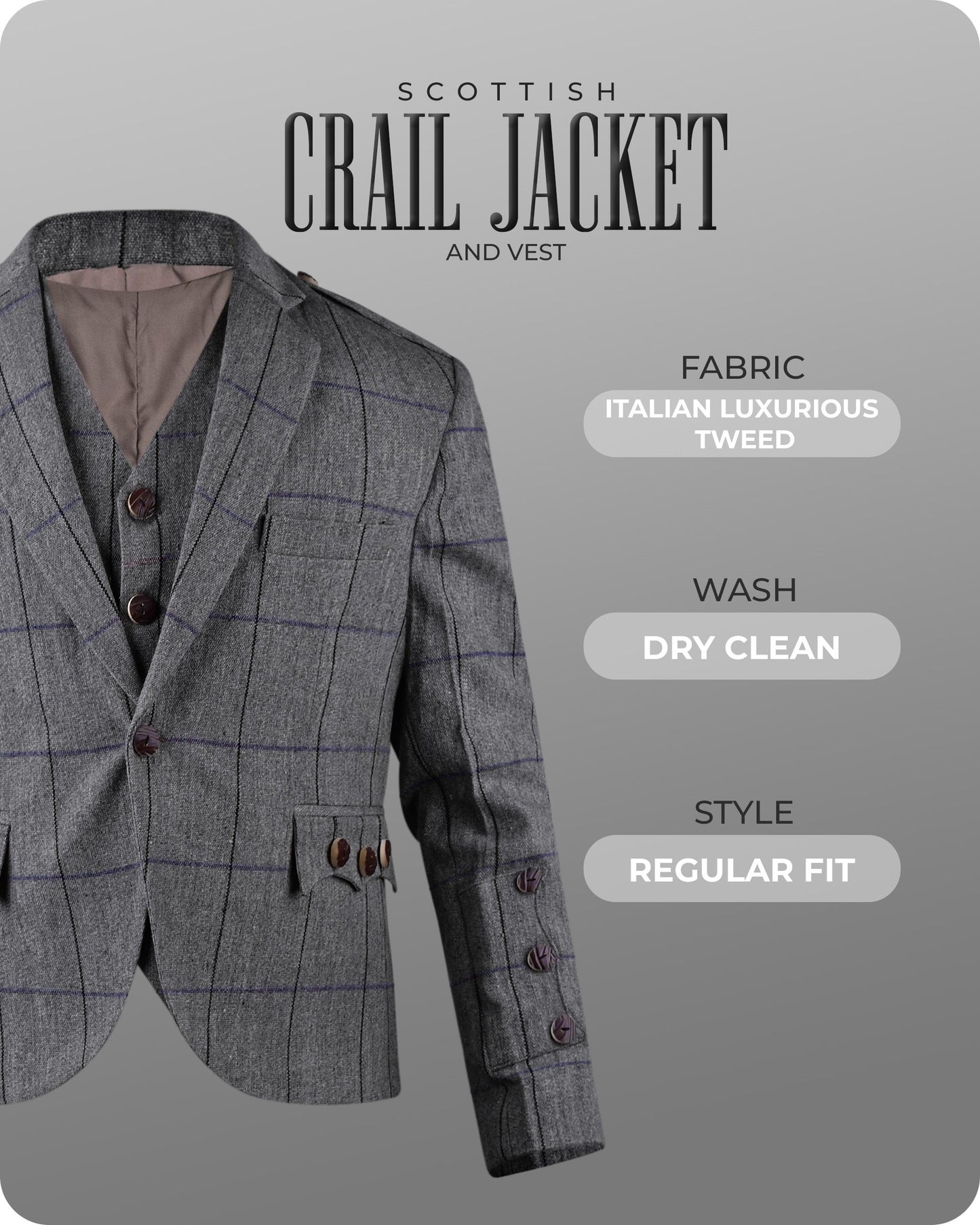 Bold Grey Crail Jacket & Vest - Red Check  -  Italian Tweed Wool | Scottish Formalwear