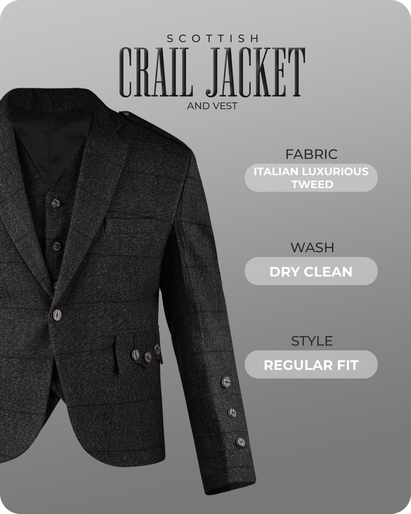 Charcoal Grey Crail Jacket and Vest - Self Check  -  Italian Tweed Wool | Scottish Formalwear