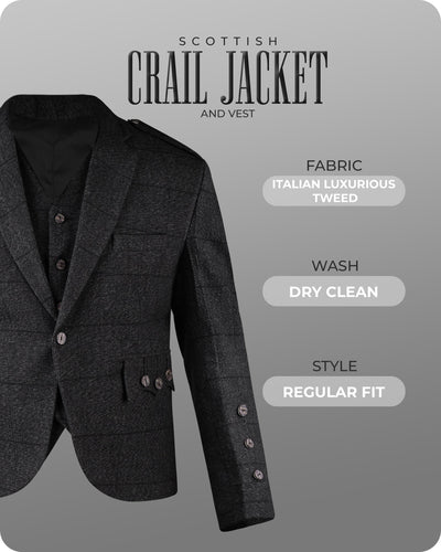 Charcoal Grey Crail Jacket and Vest - Self Check  -  Italian Tweed Wool | Scottish Formalwear
