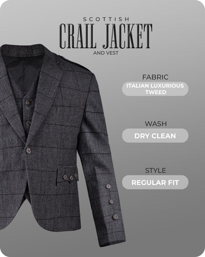 Grey Crail Jacket and Vest - Grey Check  -  Italian Tweed Wool | Scottish Formalwear