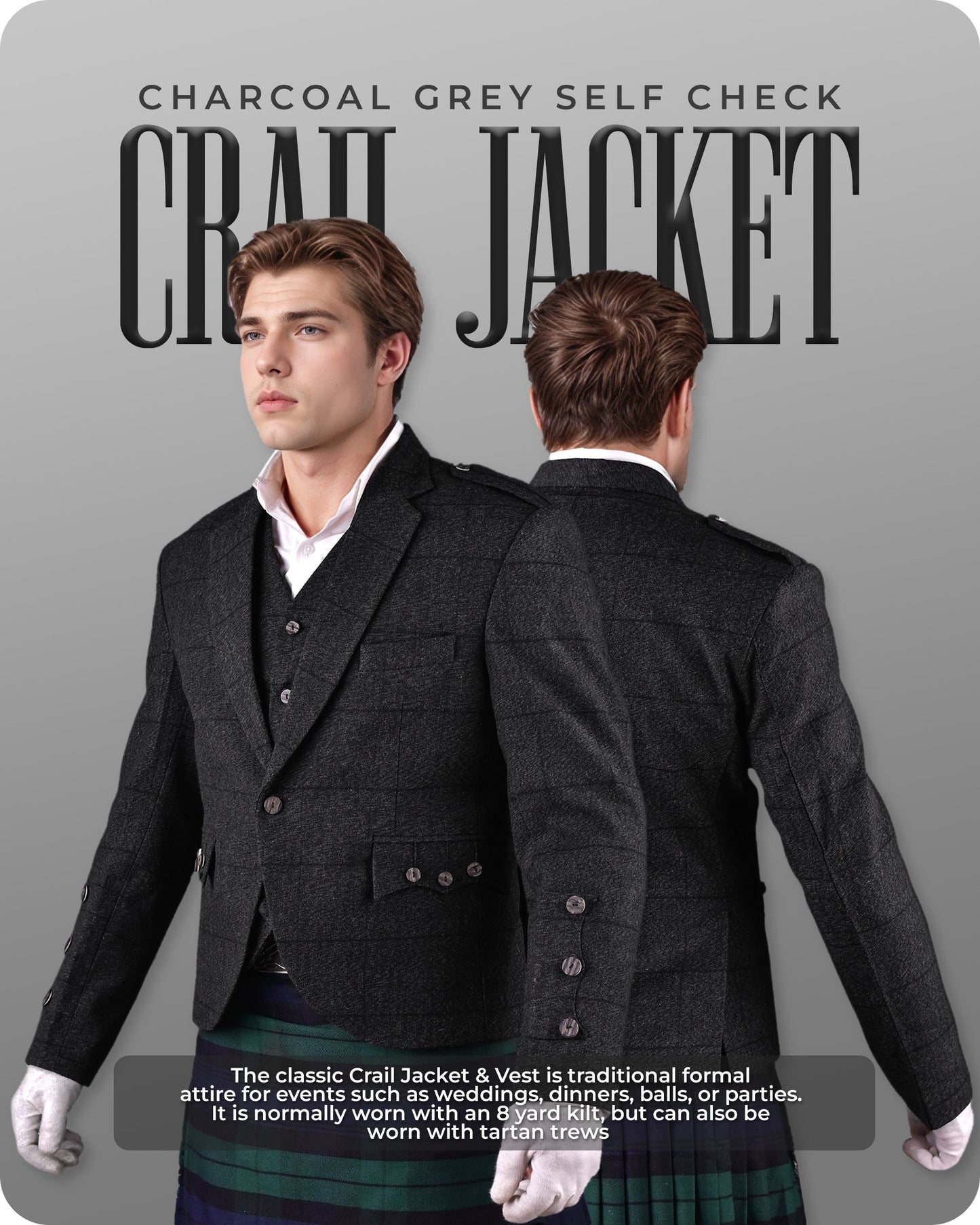 Charcoal Grey Crail Jacket and Vest - Self Check  -  Italian Tweed Wool | Scottish Formalwear