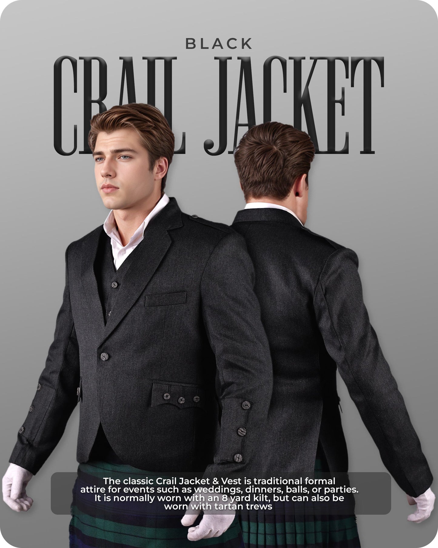 Black Crail Jacket & Vest  -  Italian Tweed Wool | Scottish Formalwear