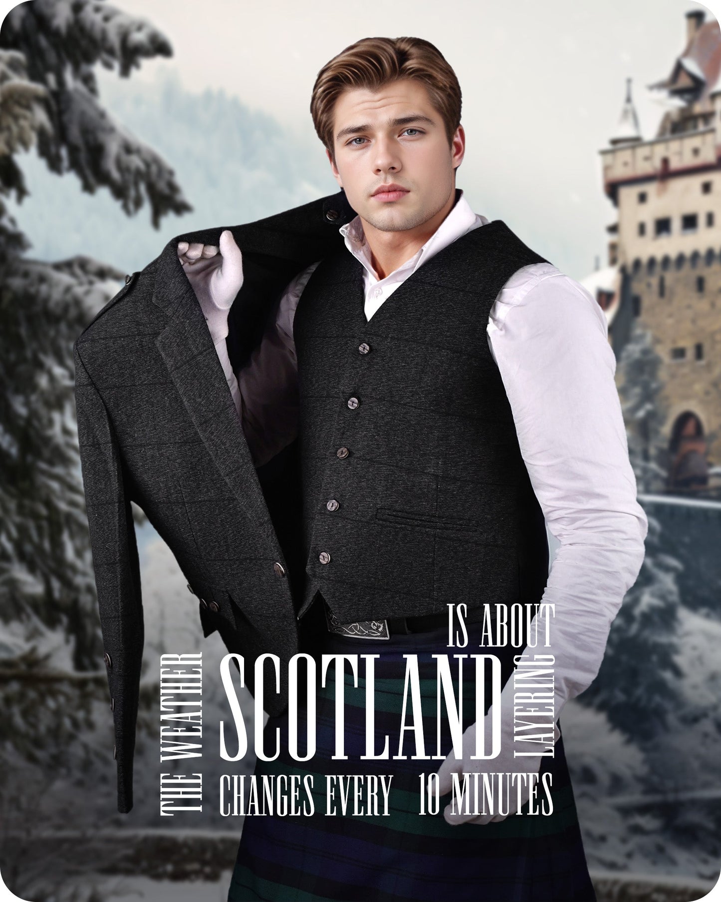 Charcoal Grey Crail Jacket and Vest - Self Check  -  Italian Tweed Wool | Scottish Formalwear