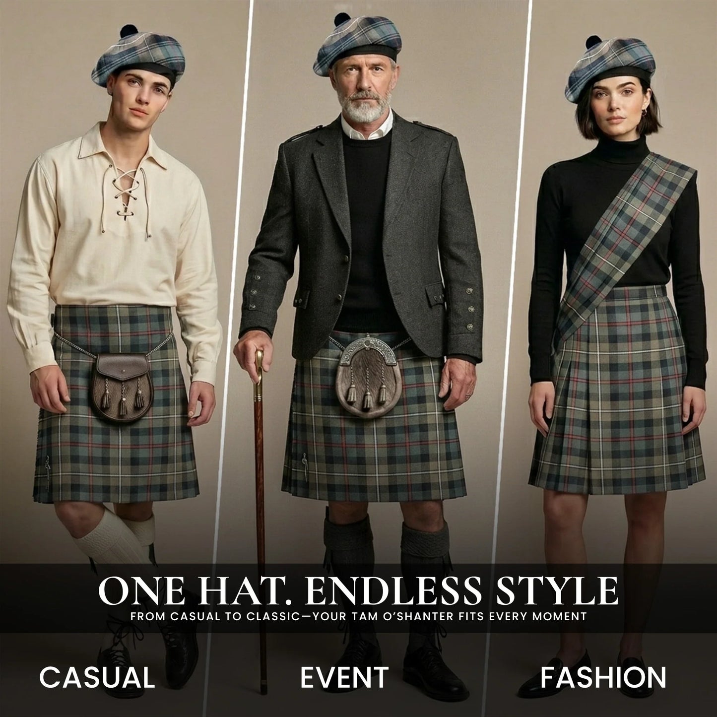 Tam O'Shanter Hat with Pompom | MacKenzie Weathered Tartan