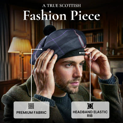 Tam O'Shanter Hat with Pompom | Mid Night Sea Tartan