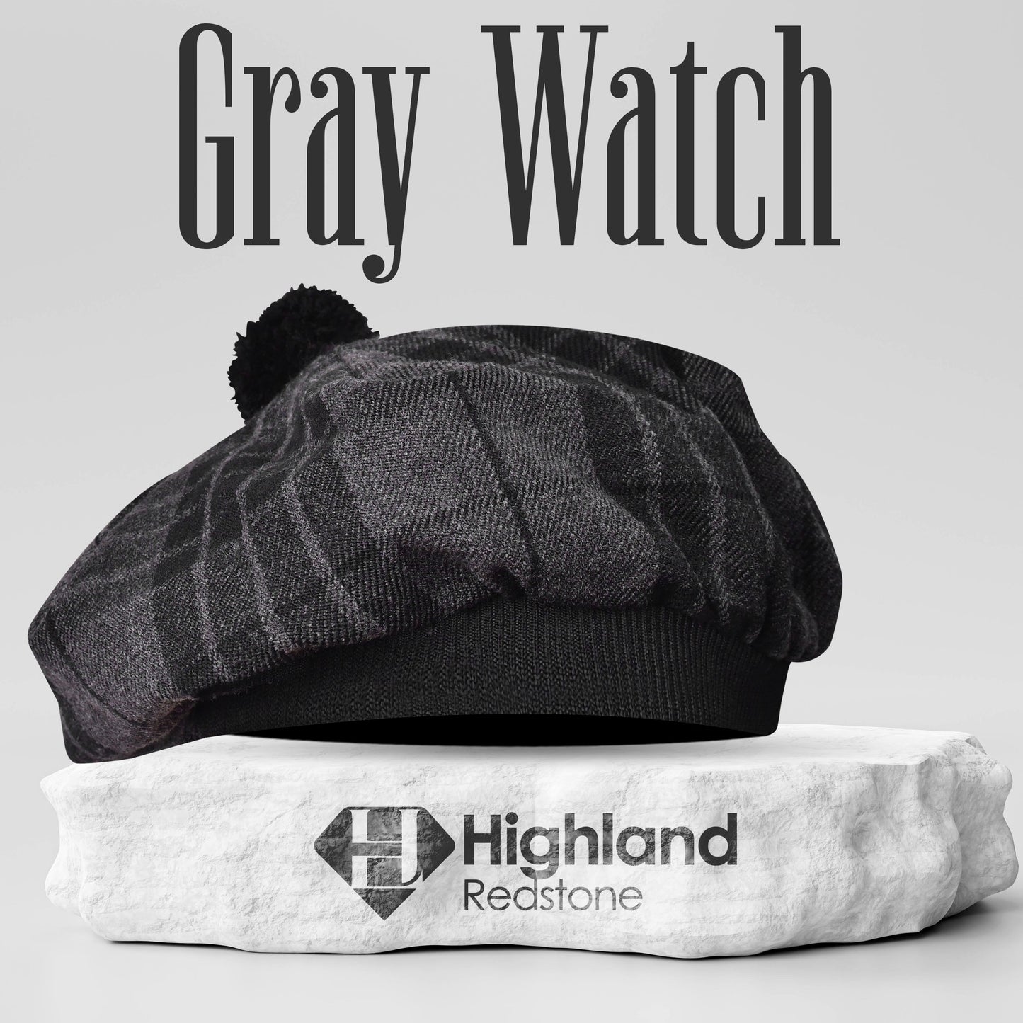 Tam O'Shanter Hat with Pompom in Gray Watch Tartan