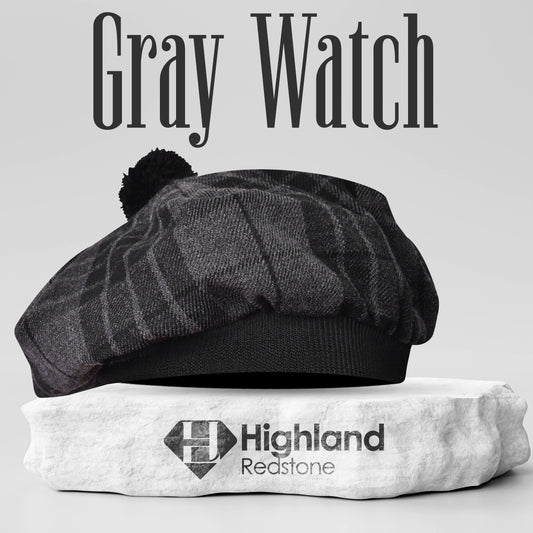 Tam O'Shanter Hat with Pompom in Gray Watch Tartan