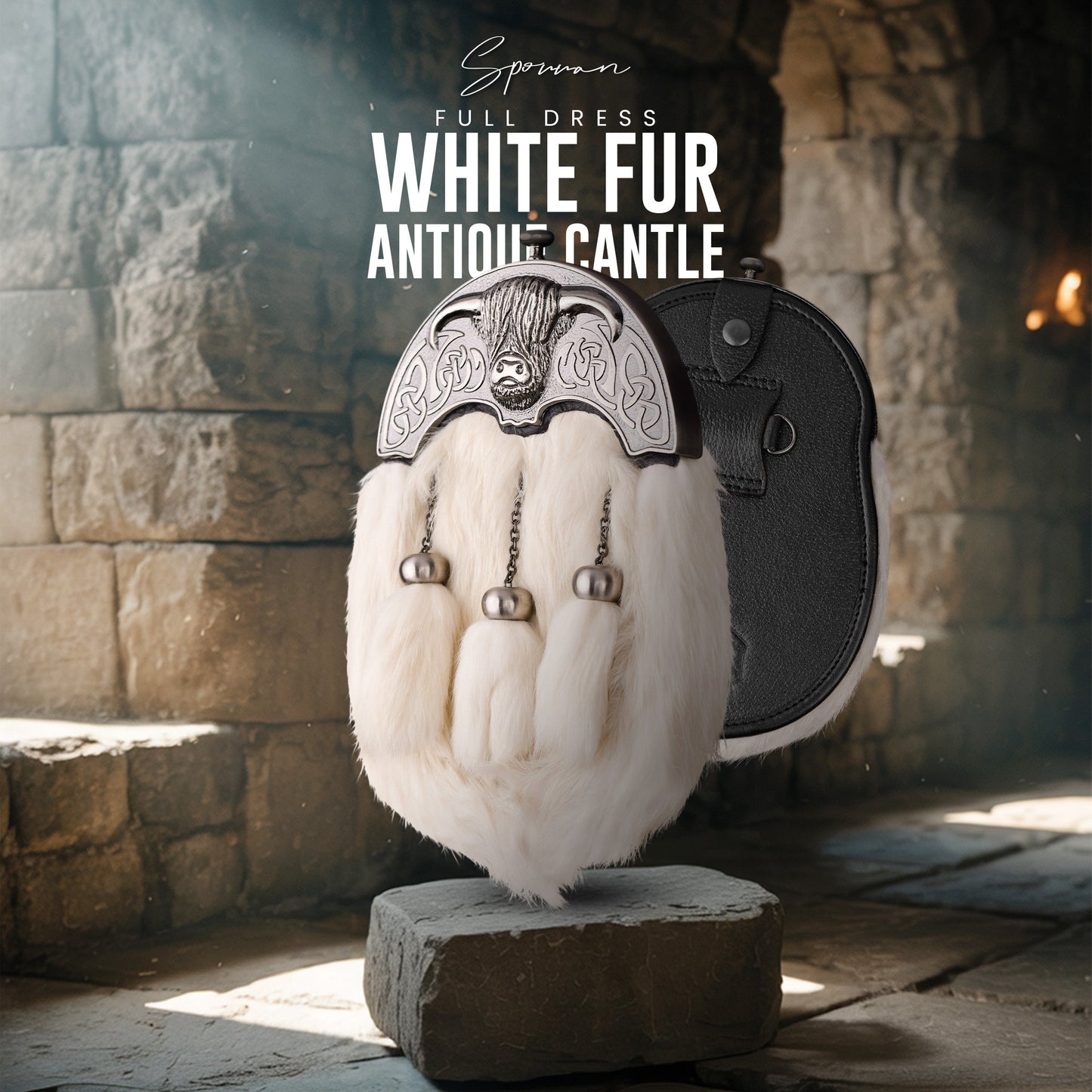 White Rabbit Fur Sporran with Highland Cow Antique Finish Cantle