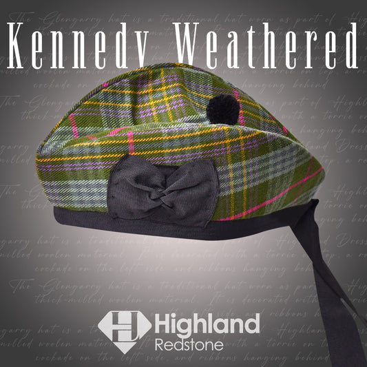 Kennedy Weathered Glengarry featuring muted grey, blue, and green tartan pattern, perfect for traditional Scottish wear.